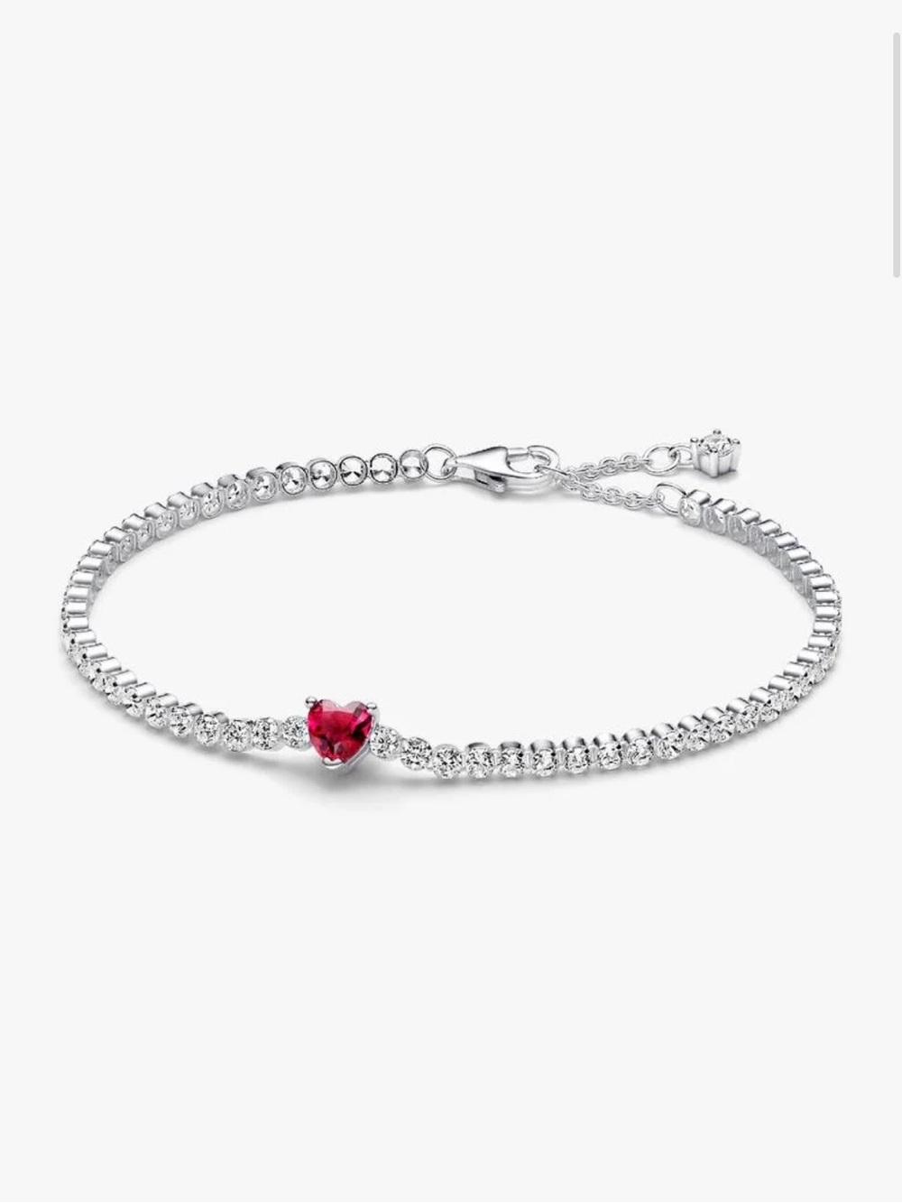 Sterling Silver Tennis Bracelet with Red Heart Gem